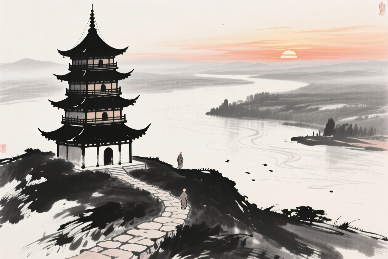 A multi-tiered pagoda overlooks a wide river valley at sunset, with monks' footsteps echoing along a stone path.