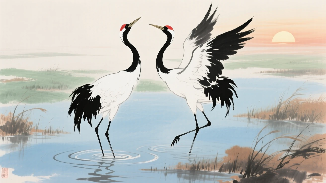 A pair of cranes dancing together in a shallow marsh, in the quiet hour before sunrise.