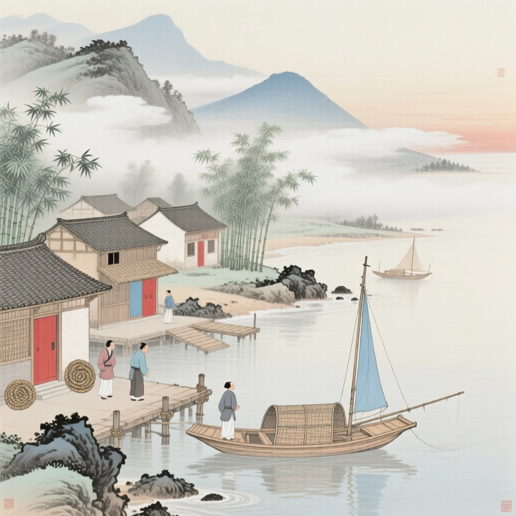 A quiet fishing village along a foggy coastline, with wisps of cloud drifting through the valley below