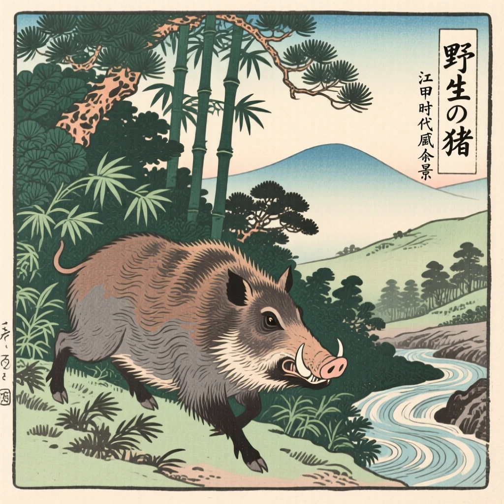 A wild boar emerging from dense evergreen underbrush.