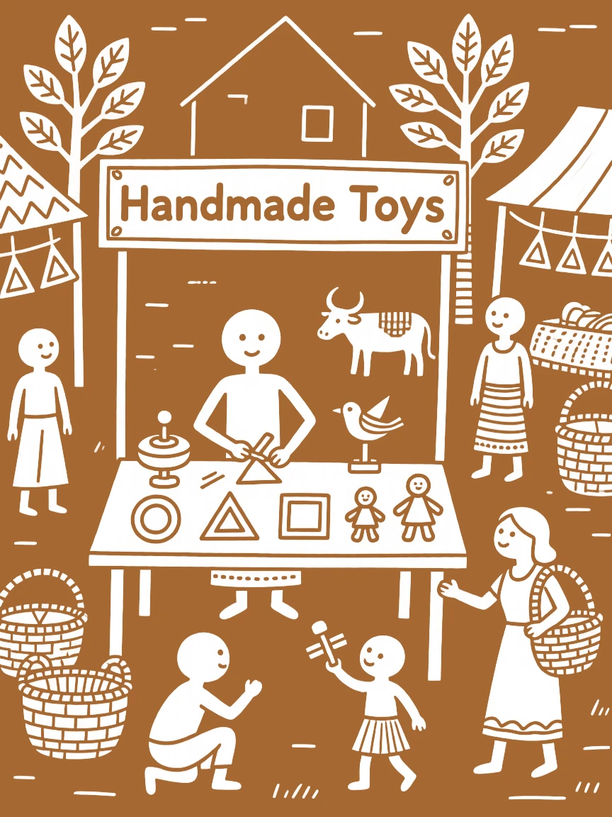 A toy maker selling goods at a bustling village market.