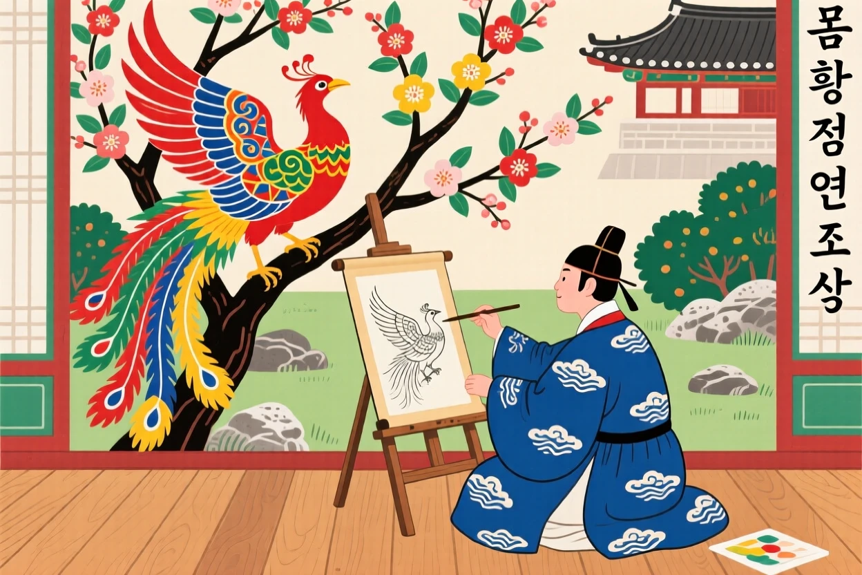 A court painter capturing the likeness of a phoenix said to visit the palace garden.
