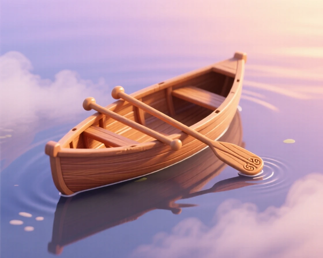 A classic wooden canoe resting on a still lake at sunrise, paddles crossed inside, mist rising gently off the glassy water.