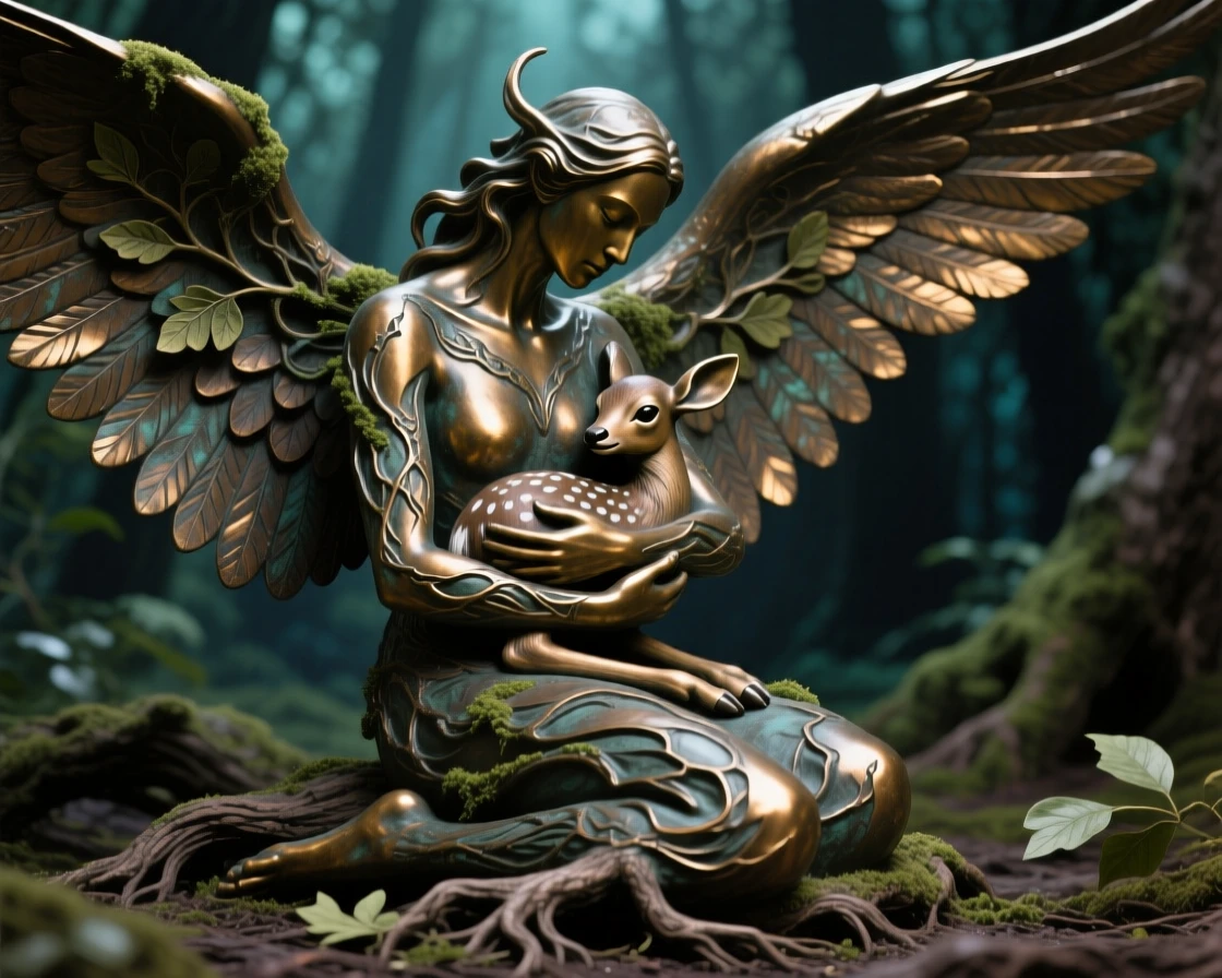 A spirit of the deep forest cradling a newborn fawn, with wings fully outstretched in majestic display, radiating awe and grandeur