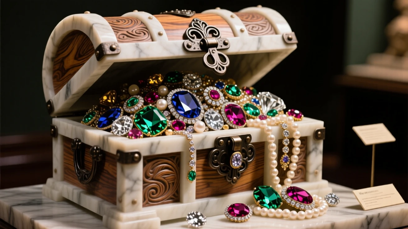 An elegant close-up study of a treasure chest overflowing with jewels, composed with warm, dramatic lighting