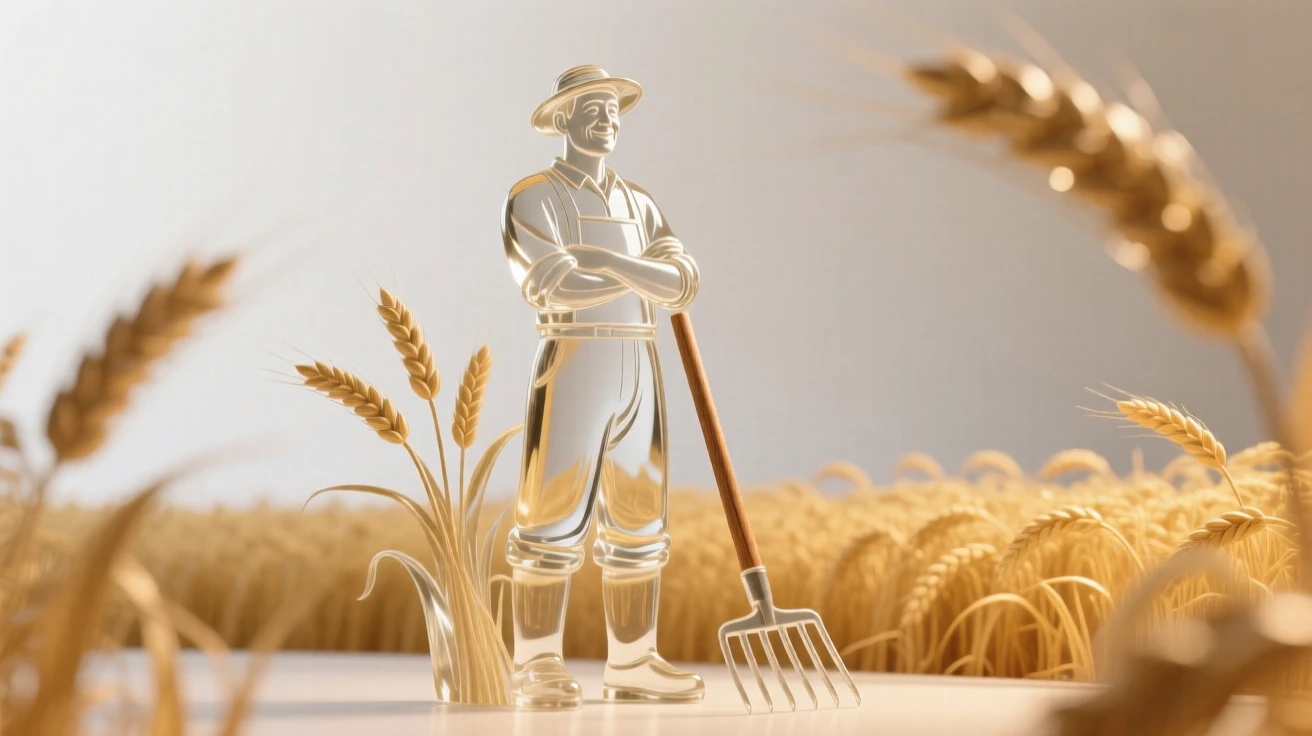 A farmer standing proudly in a golden field at harvest, softly lit by warm natural light, shallow depth of field isolating the subject, expression full of genuine emotion.