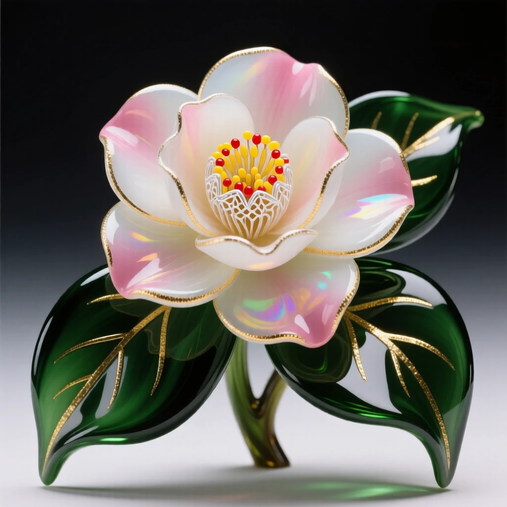 A single camellia blossom resting on dark green leaves, elegant and refined.