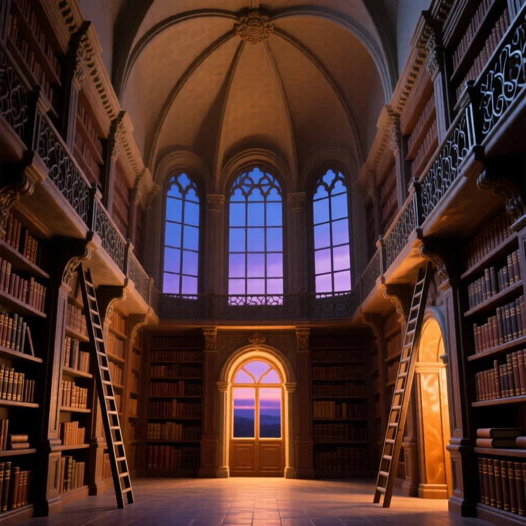 A grand old library with soaring shelves silhouetted against a fading twilight, its windows glowing warmly from within, conveying serenity and architectural majesty.