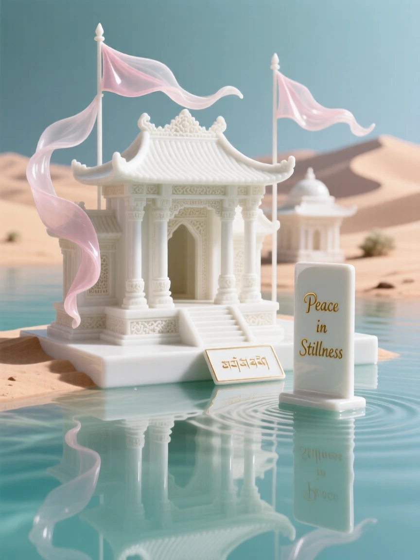 A serene desert temple complex nestled in a tranquil reflecting lake, prayer flags fluttering gently in the breeze.