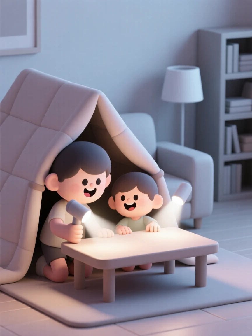 A pair of siblings build a blanket fort together in the living room, flashlights illuminating their giggling faces.