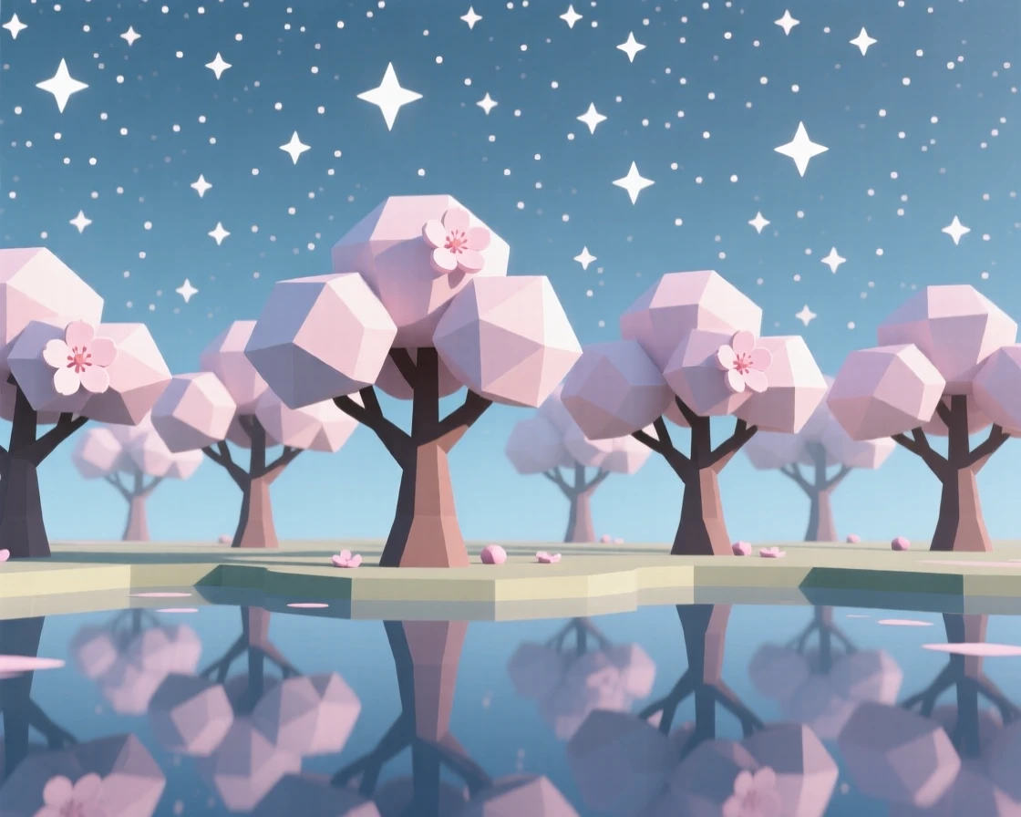 A cherry blossom grove in full bloom, under a sky full of stars. reflections in the water double the scene's beauty. There is a quiet, meditative stillness.