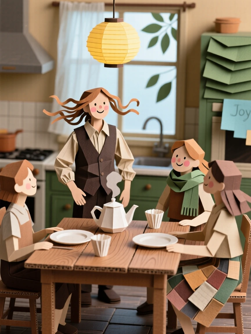 A street performer gathered around a warm kitchen table, with a light breeze catching loose hair and fabric, capturing pure joy and togetherness.