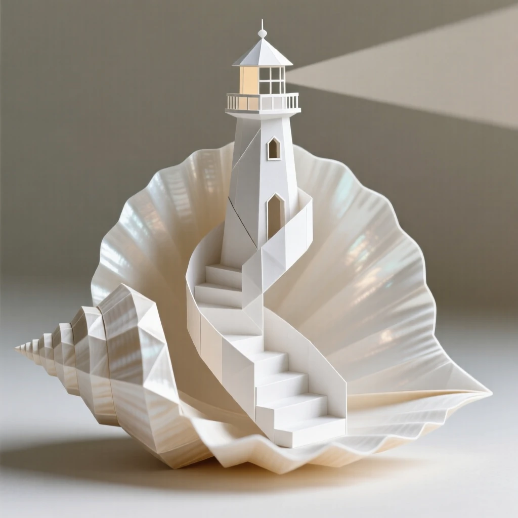 A spiral staircase inside a giant seashell leading up to a lighthouse at its tip.