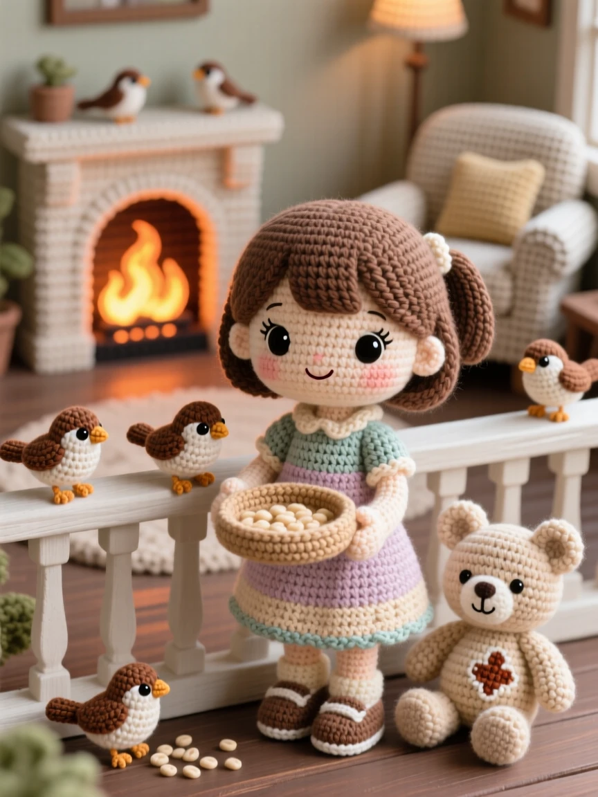 A tender everyday moment: a little girl feeding birds from a small dish on a quiet porch railing, watching sparrows gather to eat inside a warm living room lit by a crackling fireplace; a favorite well-loved stuffed toy completes the scene, full of gentle contentment in a small daily ritual.