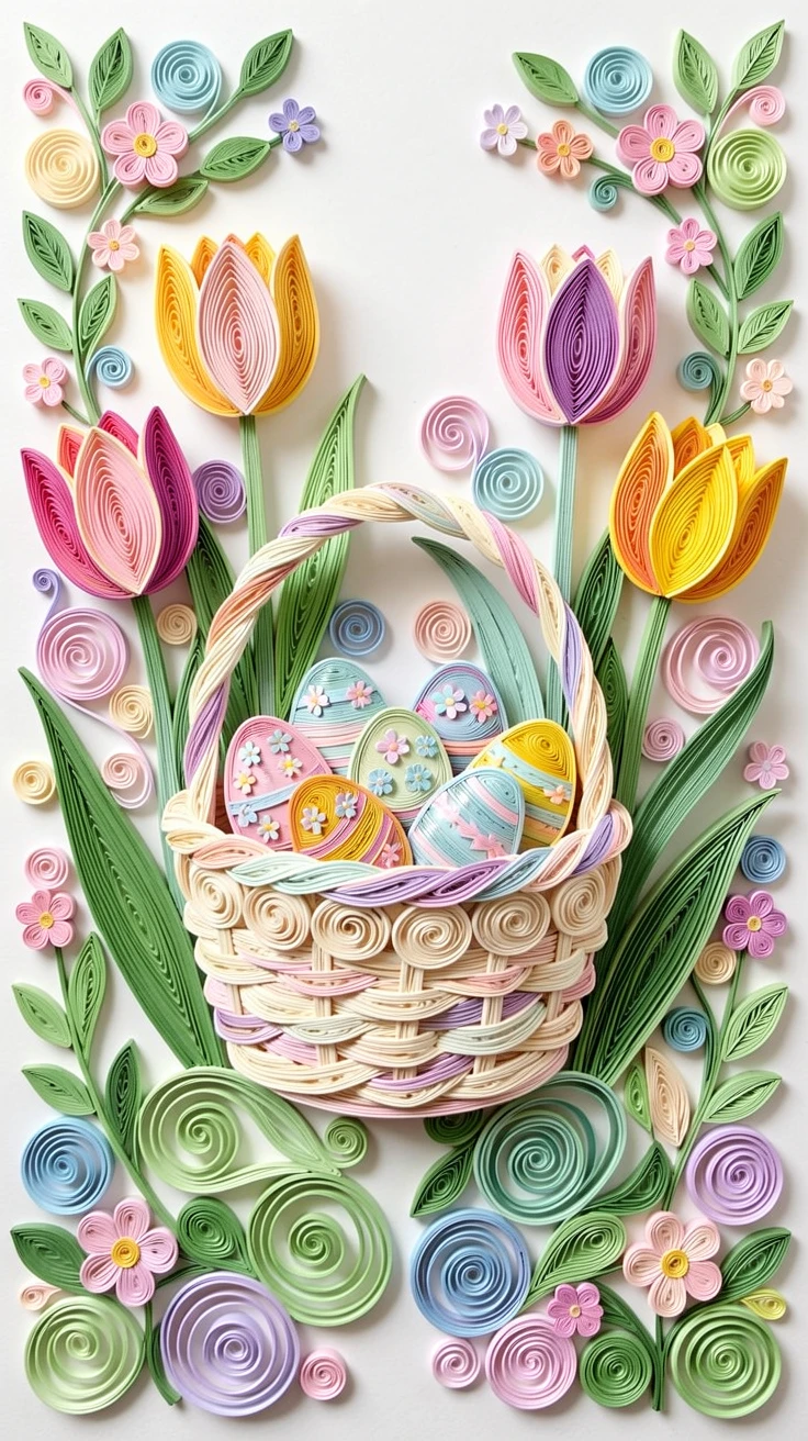 a springtime Easter basket nestled among tulips, in a garden bursting with spring blossoms, arranged symmetrically for a balanced festive feel, in bright cheerful pastel spring colors.