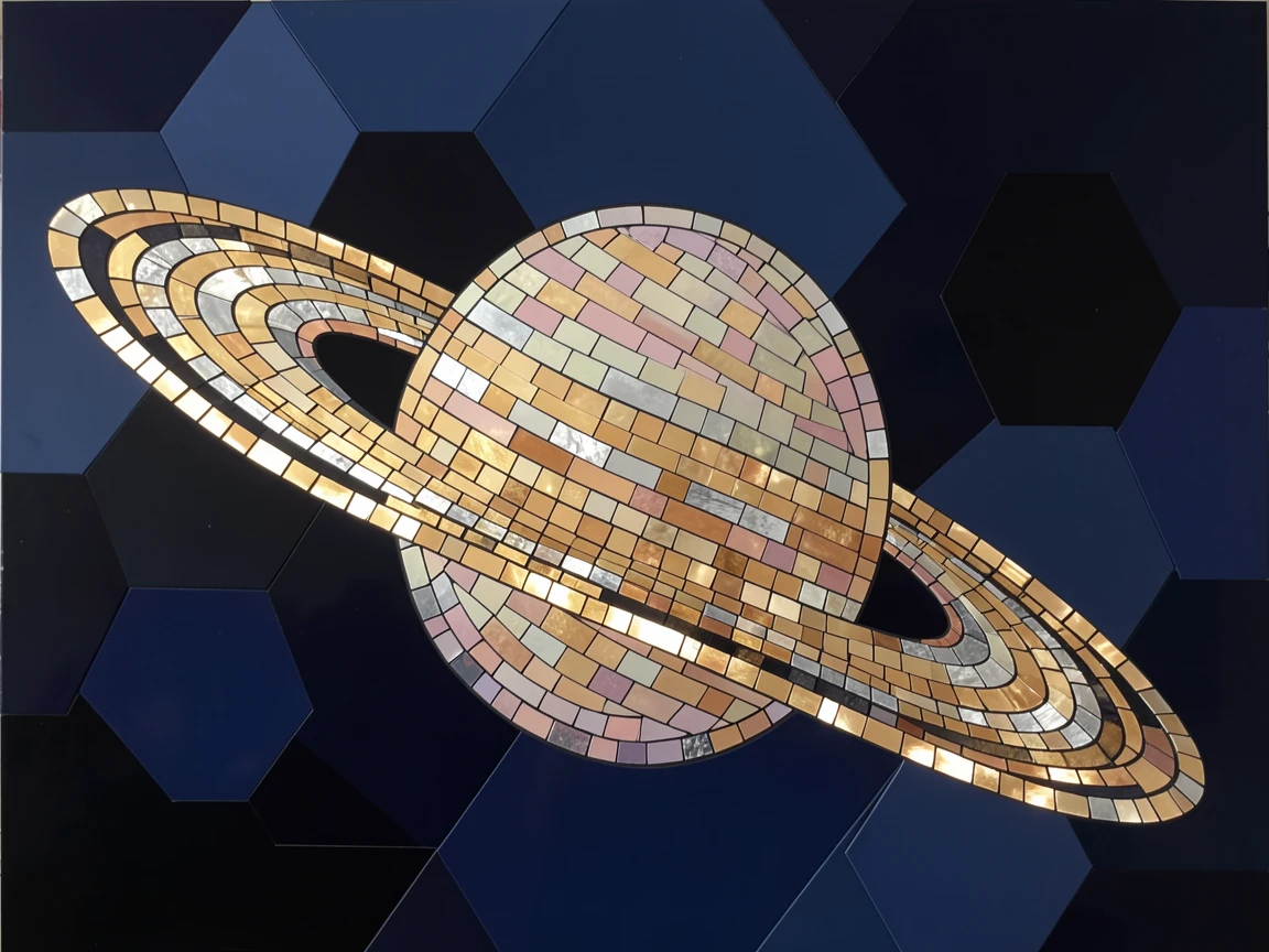 The rings of Saturn glowing softly against the darkness of space.