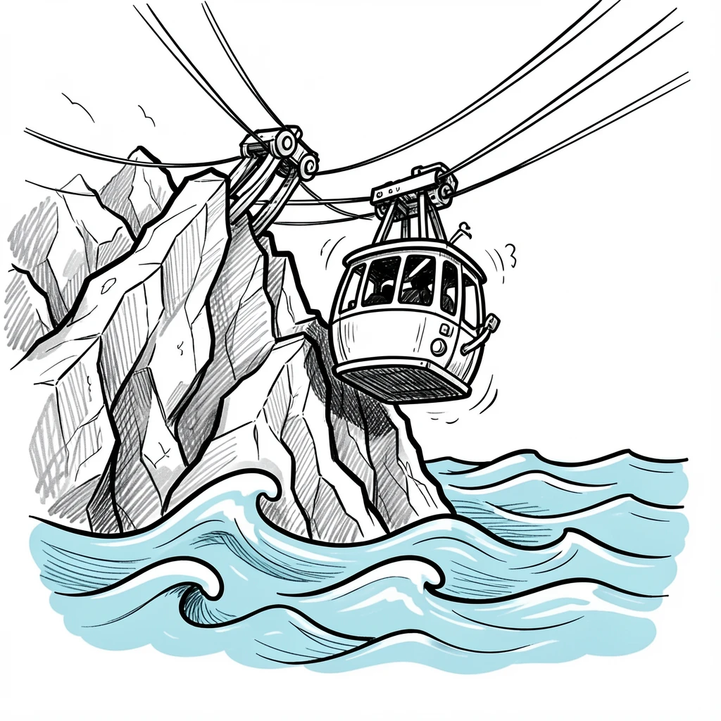 A cable car climbing a steep hill diving beneath calm ocean waves.