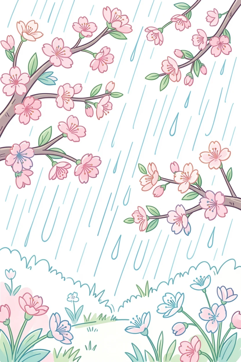 A spring rain shower over a garden with blooming cherry blossoms.