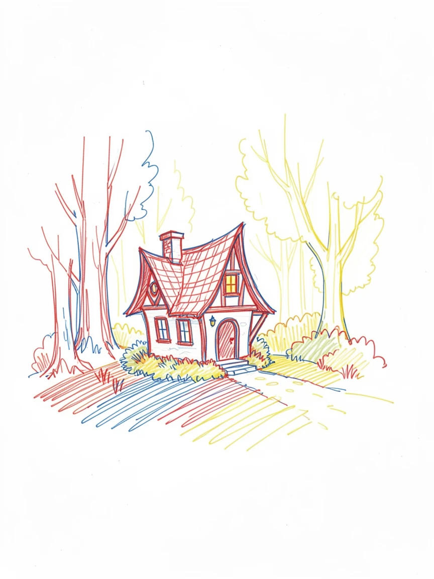 A witch's cottage nestled deep in an enchanted, glowing forest