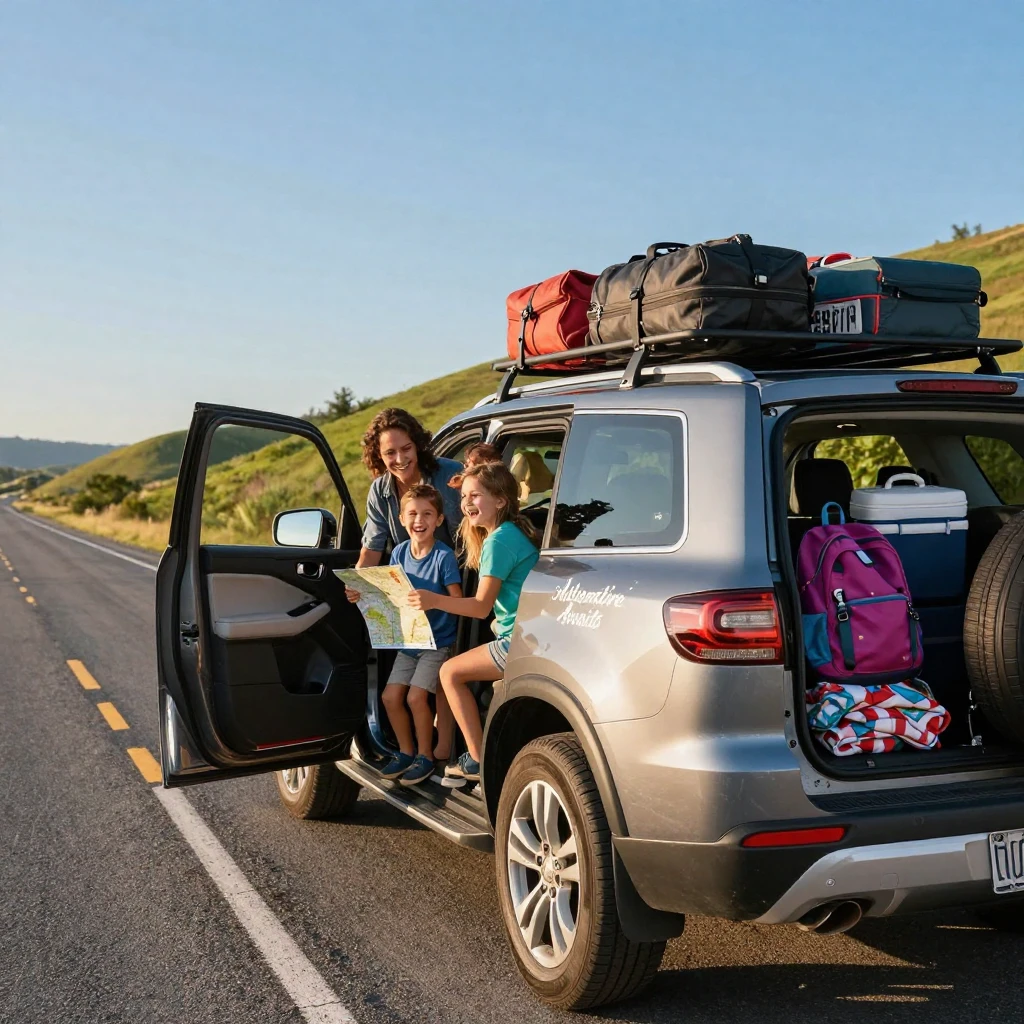 A family road trip with a car packed and windows down