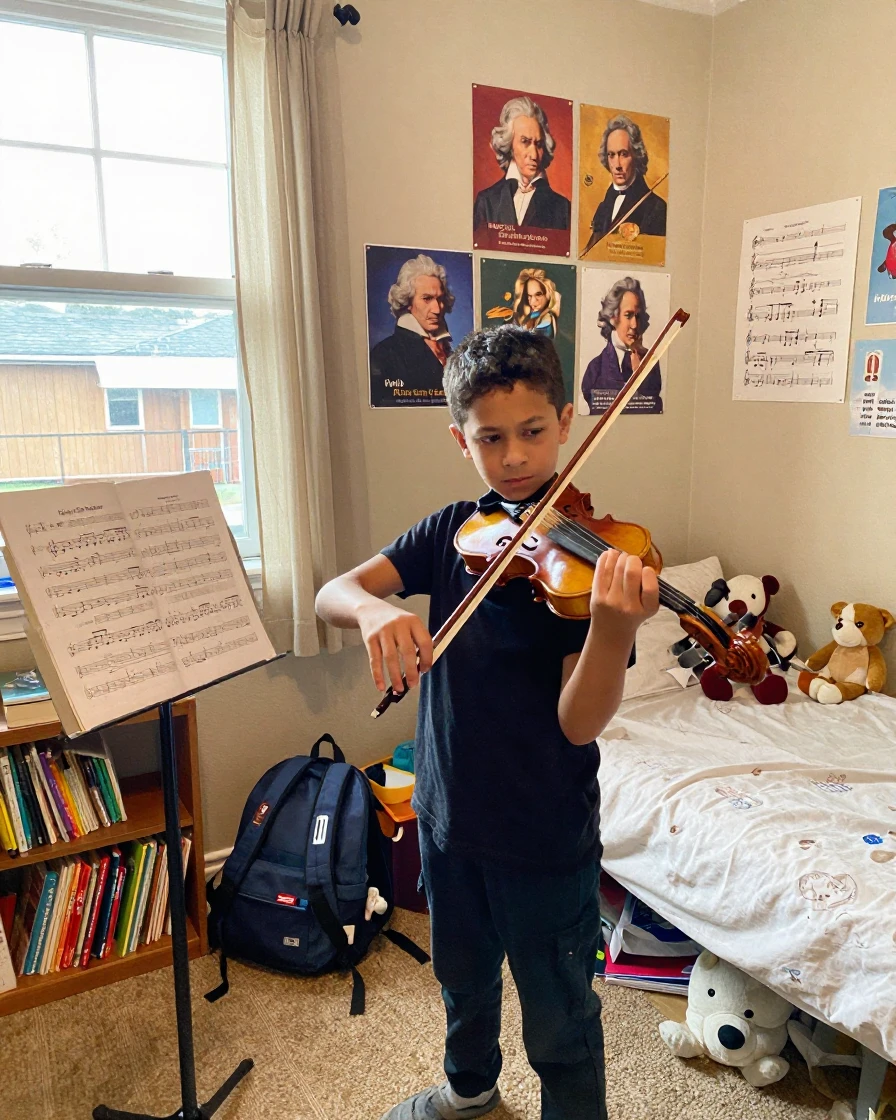 A child practices violin scales earnestly in a bedroom decorated with music posters.
