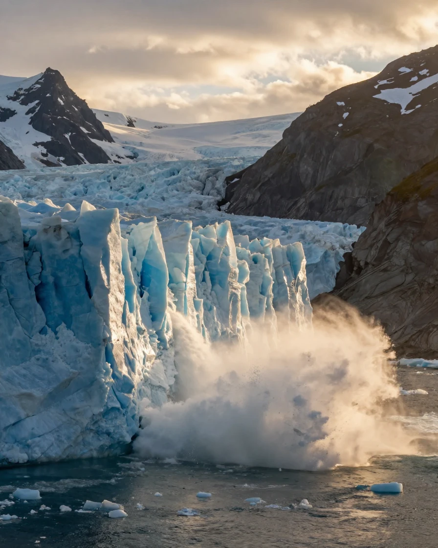 A glacier calving into an icy fjord with a thunderous crash