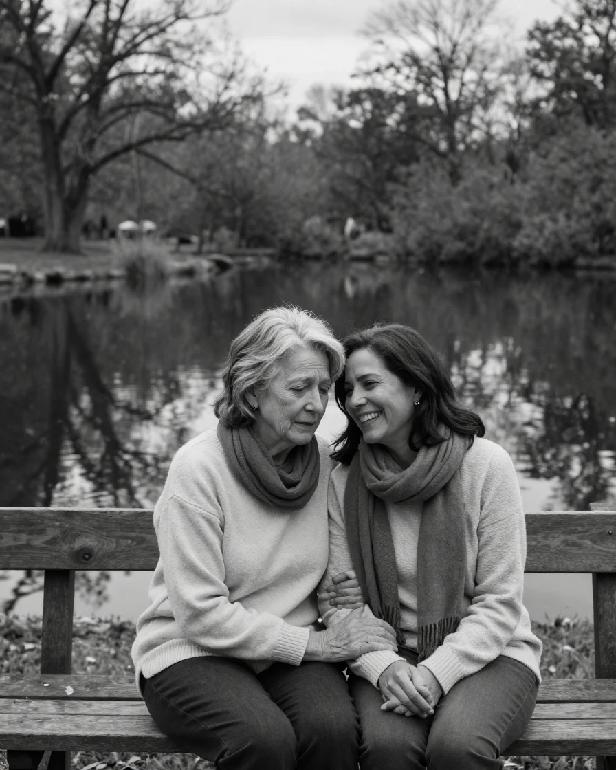 A widow and a new friend share a quiet laugh on a park bench beside a still pond.