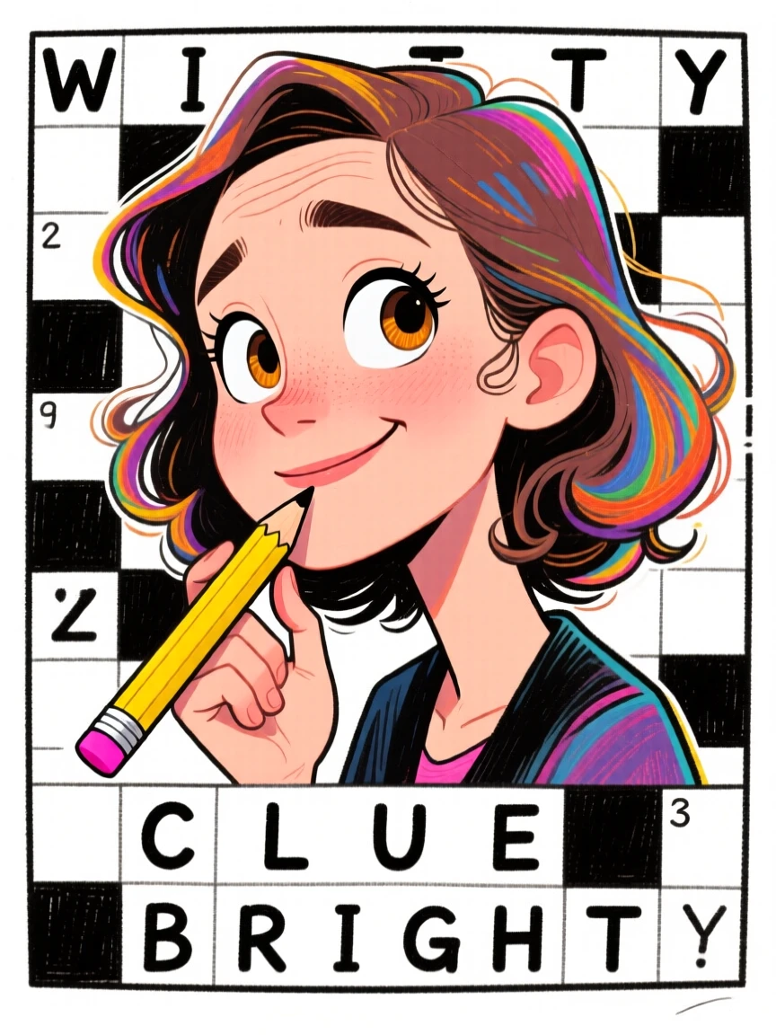 A crossword puzzle enthusiast tapping a pencil thoughtfully against her chin.