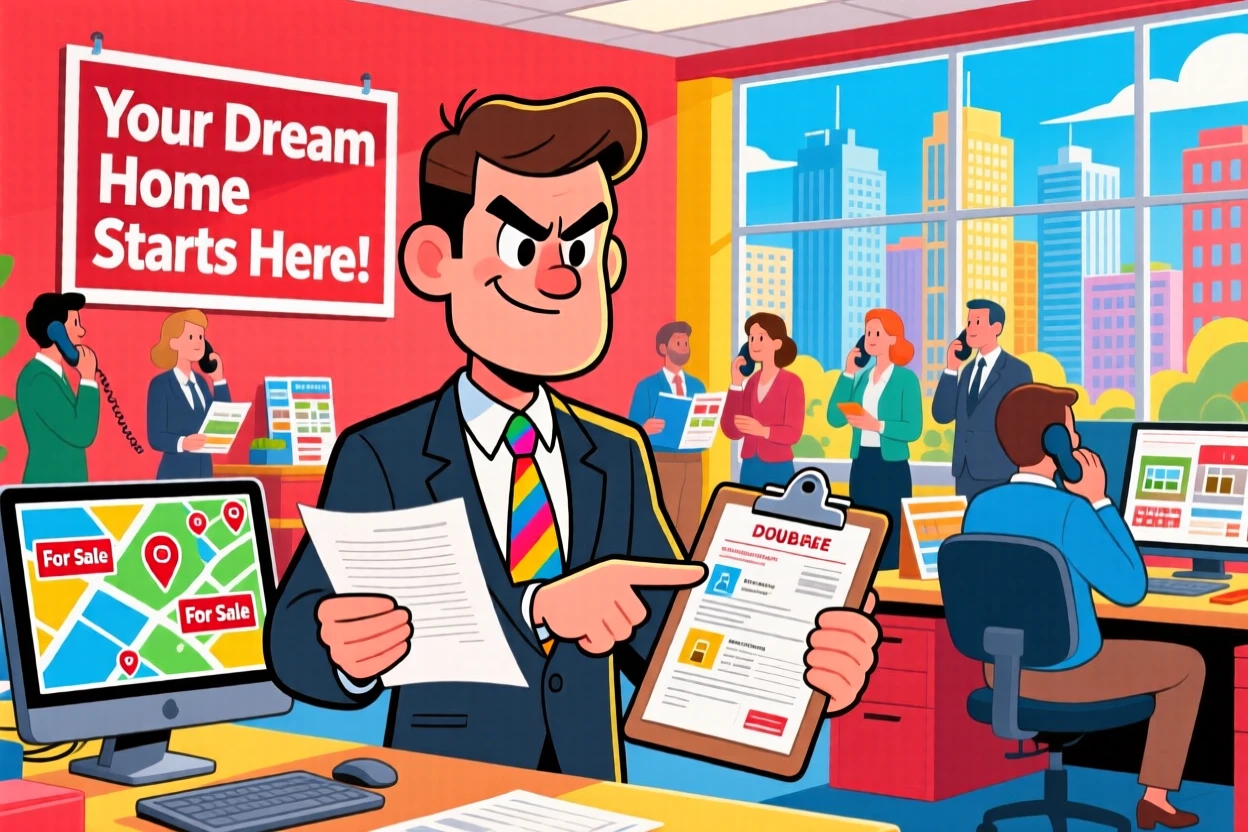 A vibrant profession-themed portrait of a determined real estate agent carefully double-checking every last detail, in a bustling and colorful workplace.