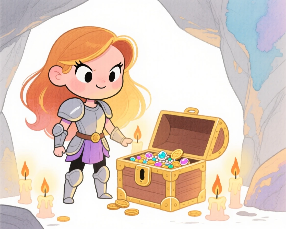 A warrior princess guarding a treasure chest in a candlelit cave