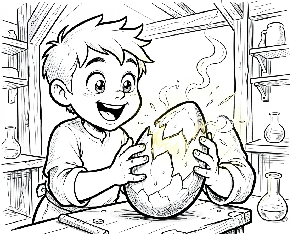 [Fantasy & Imaginative Scenarios] Imaginative fantasy scene of a dragon egg hatching before a delighted young apprentice, brimming with wonder
