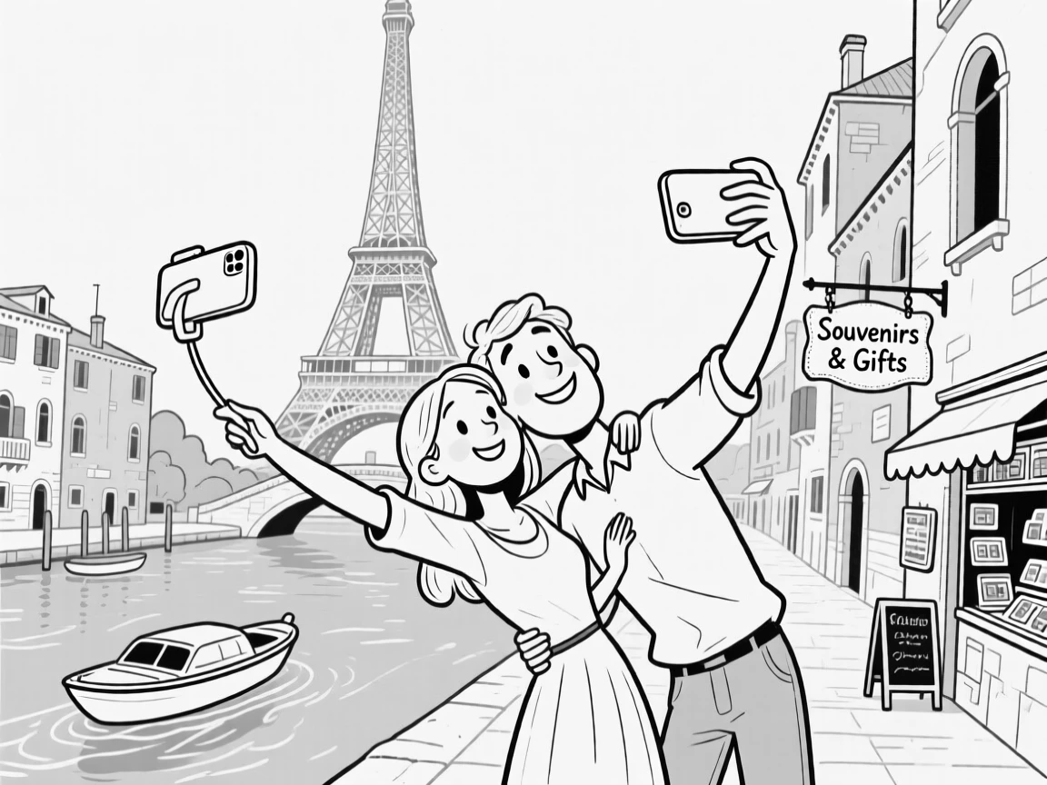 A couple posing for a wobbly selfie at a famous landmark, leaning at an awkward angle trying to fit the whole monument in frame, set gliding down a historic canal lined with old buildings. A tiny souvenir shop peeks around the corner. The image feels like a postcard brought playfully to life.
