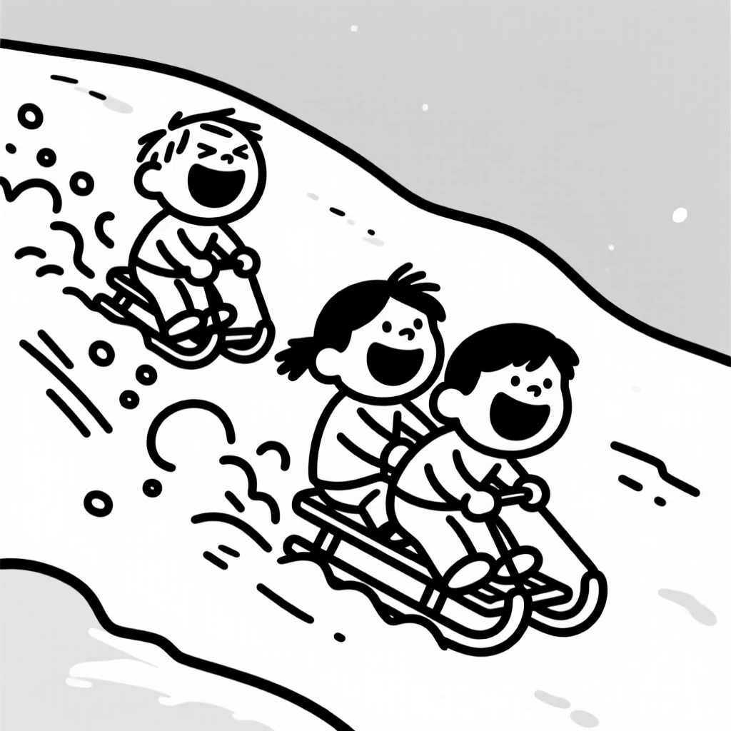 Children sledding down a snowy hill, laughter and snow spraying behind them.