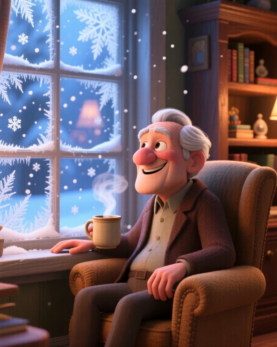 An elderly man with a warm smile sits beside a window streaked with morning frost, watching snowflakes drift past the window. A feeling of safety and slow relaxation lingers here, with steam rising from a nearby mug.