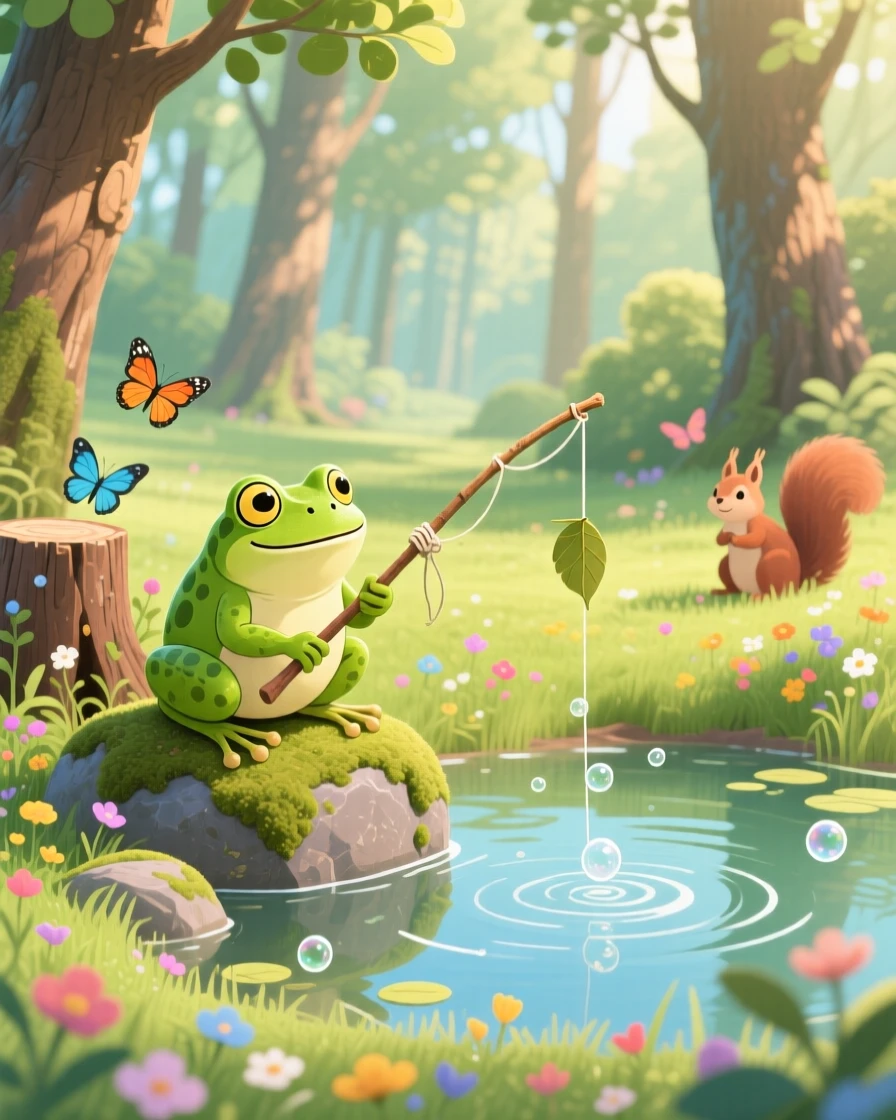 In a quiet forest clearing, a bright green frog spends the afternoon fishing with a bent twig, as tiny bubbles float upward.