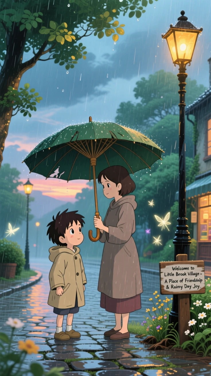 A tender moment of a boy sharing his umbrella with a stranger in the rain, the scene warmly nostalgic.
