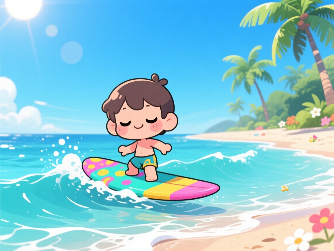 In a sunny tropical beach, a small surfer is riding a gentle wave on a colorful surfboard under a clear summer sky, bathed in bright midday sun, expression full of peaceful calm. Shot as a wide establishing shot.