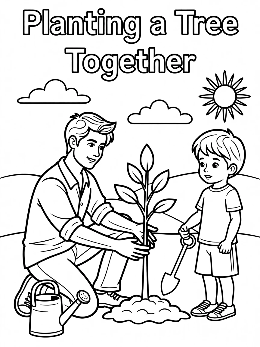 A father teaching his child how to plant a tree