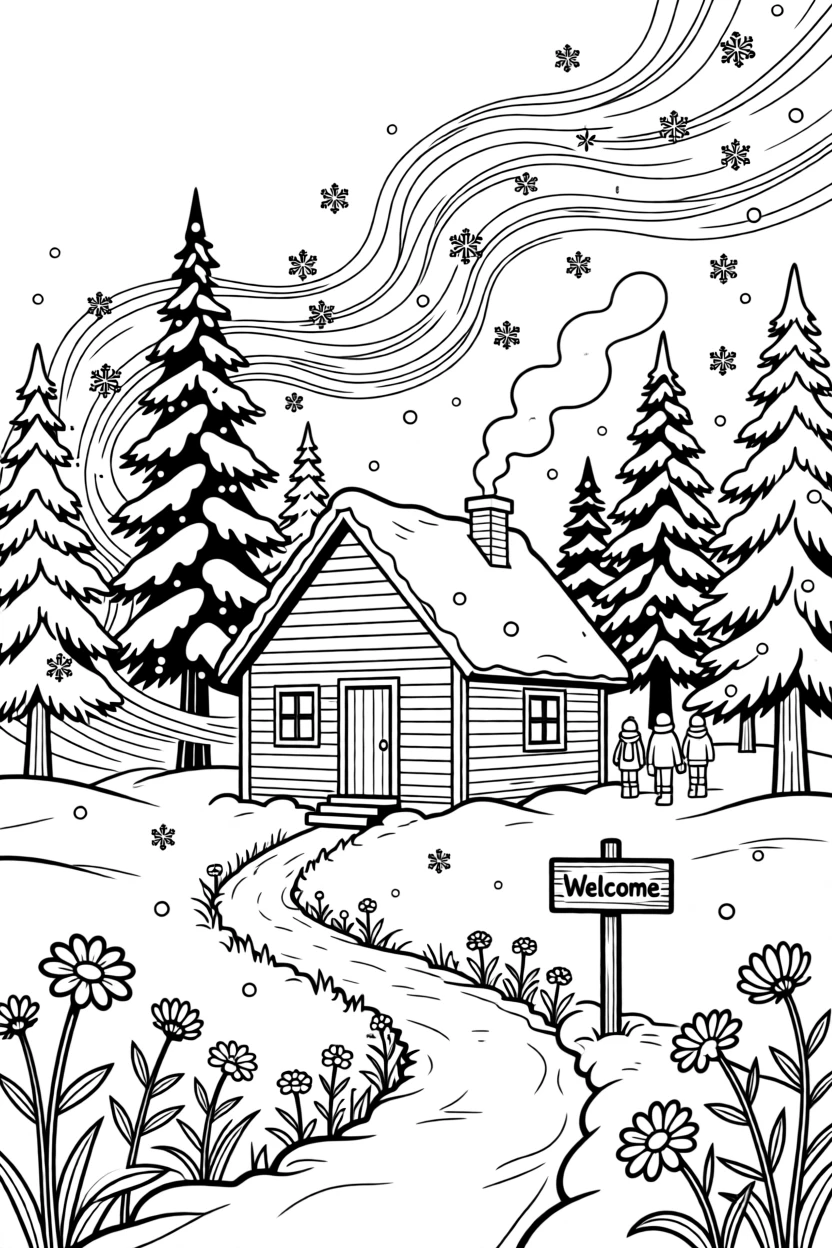 A snowstorm swirling around a lone cabin in the woods, with wildflowers scattered along the trail.