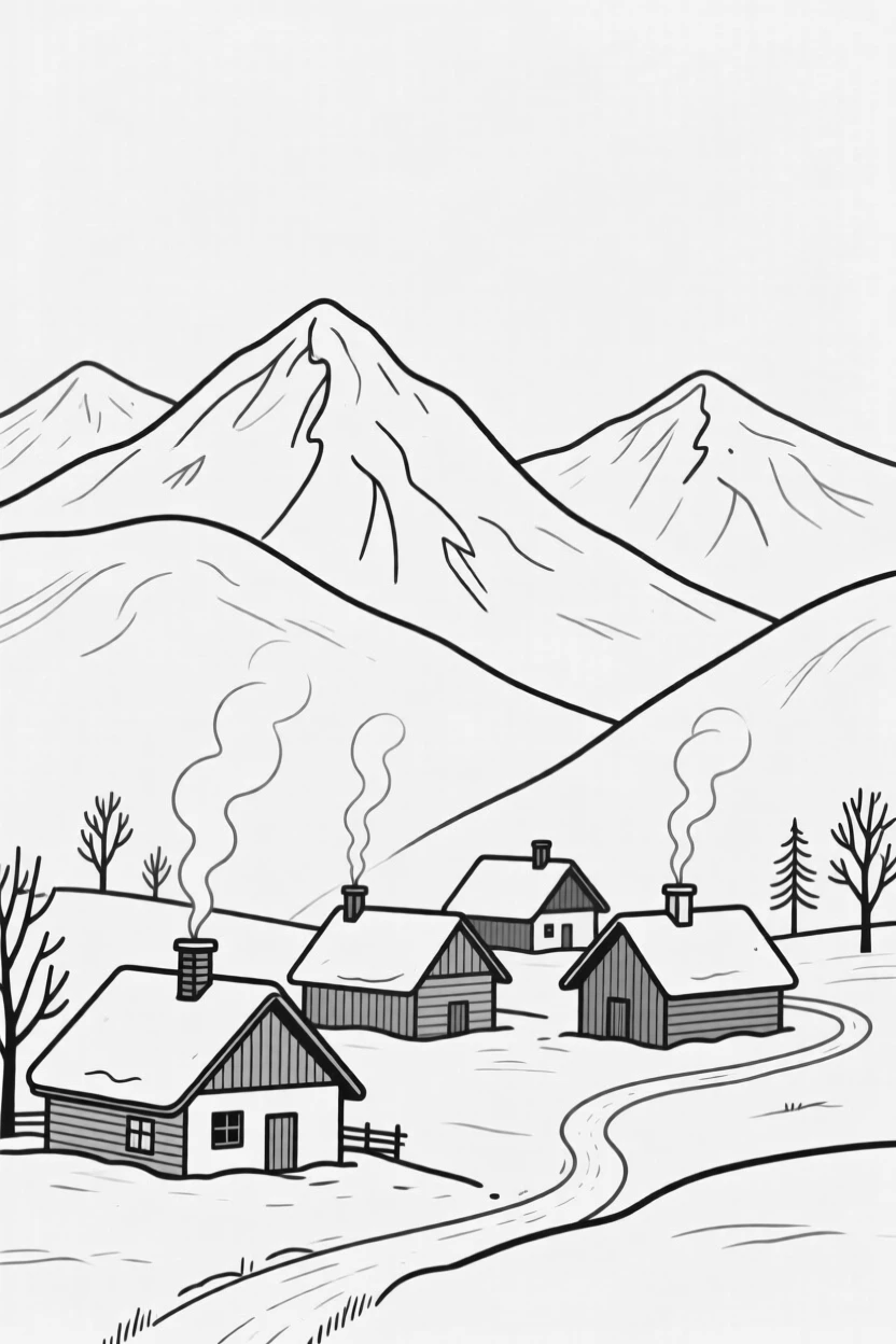 A snow-capped mountain village with smoke rising from chimneys