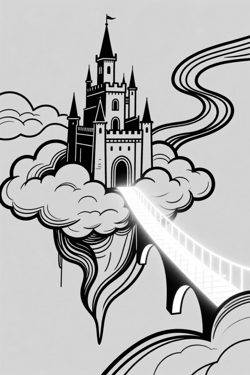 A castle floating among the clouds, connected by a bridge of light.