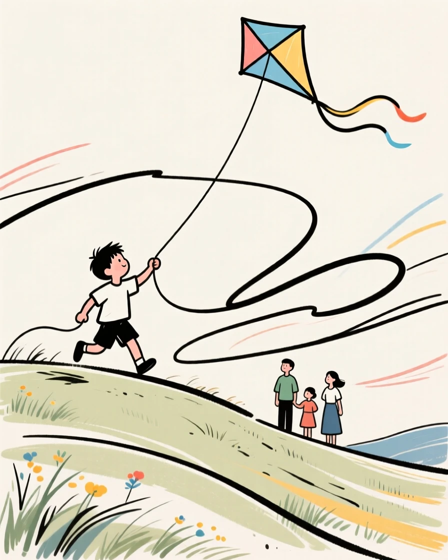 A young boy flying a kite on a windy hillside with his family.