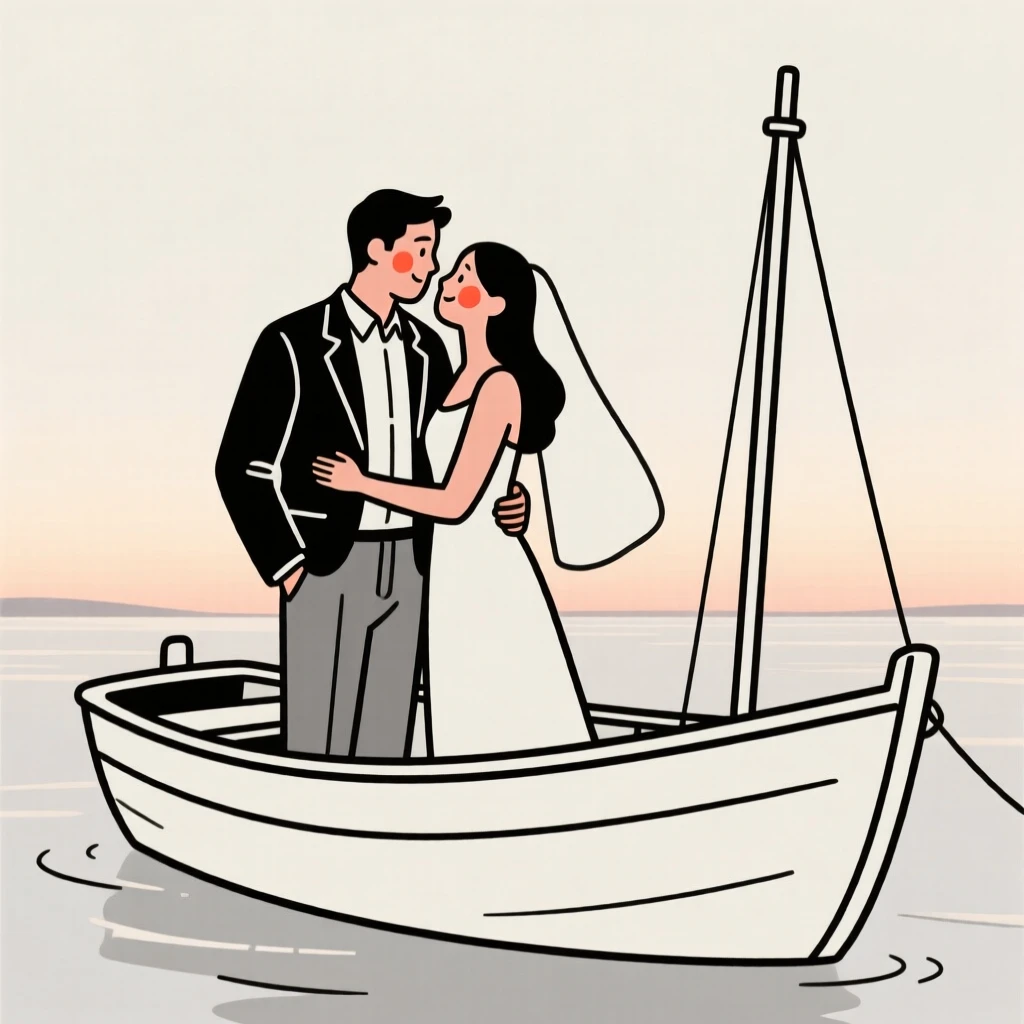 A newlywed man of Peruvian heritage in a sleek minimalist outfit, sharing a tender embrace, on a fishing boat at dawn.