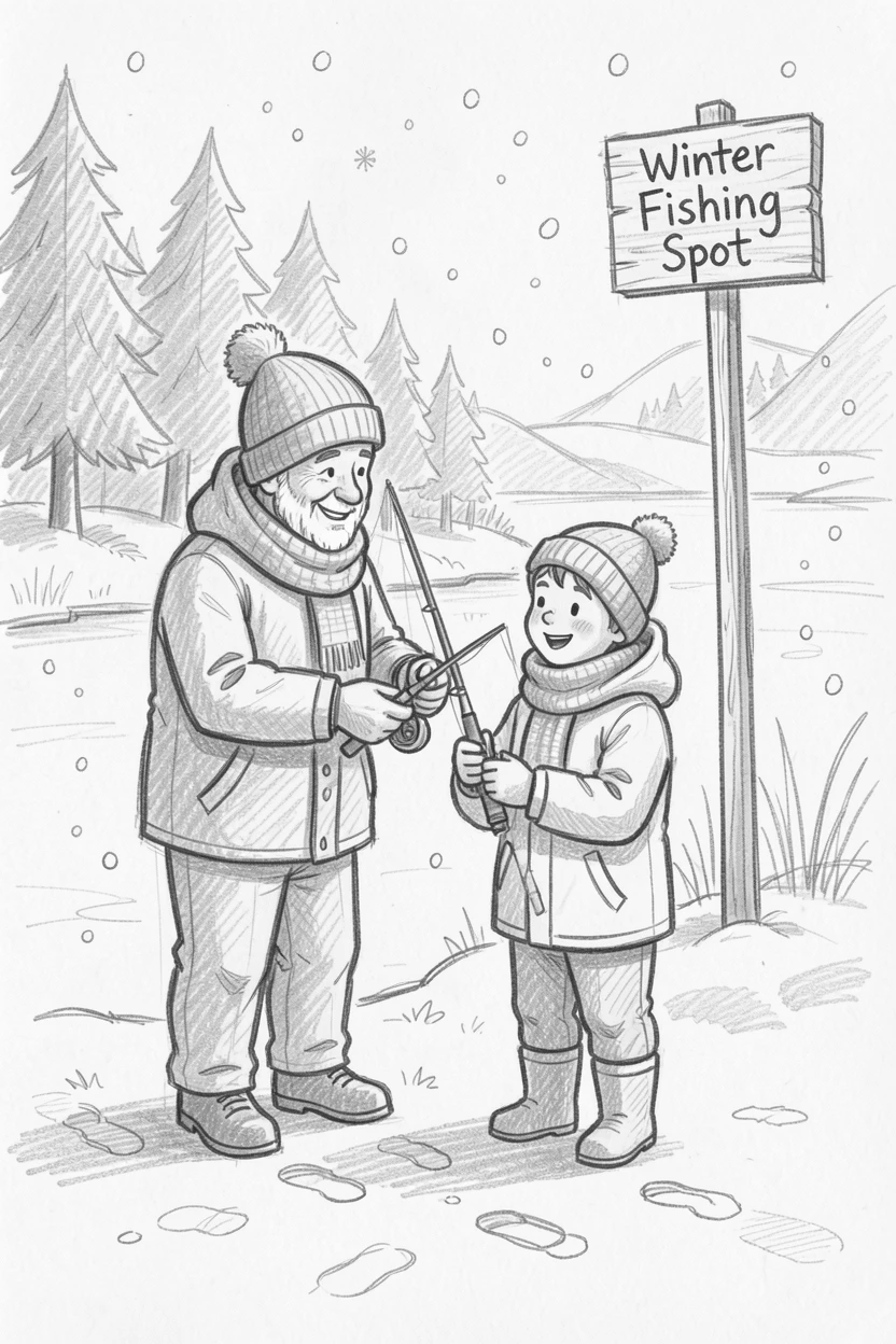 An emotional scene of a grandfather teaching his grandson to fish on a snowy winter morning, radiating pure happiness.