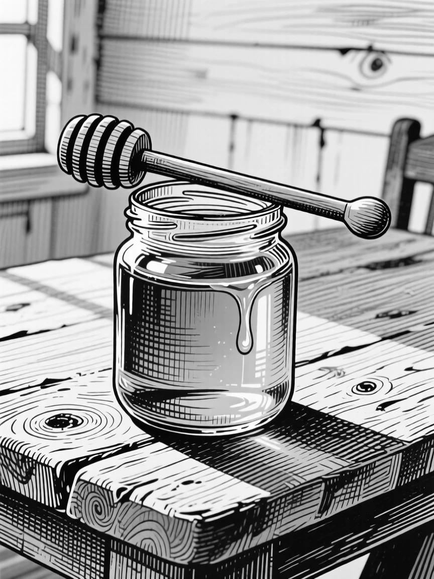 A jar of honey with a wooden dipper set on a farmhouse table, with sunlight catching the glossy surface, presented in a fresh and vibrant culinary still life.