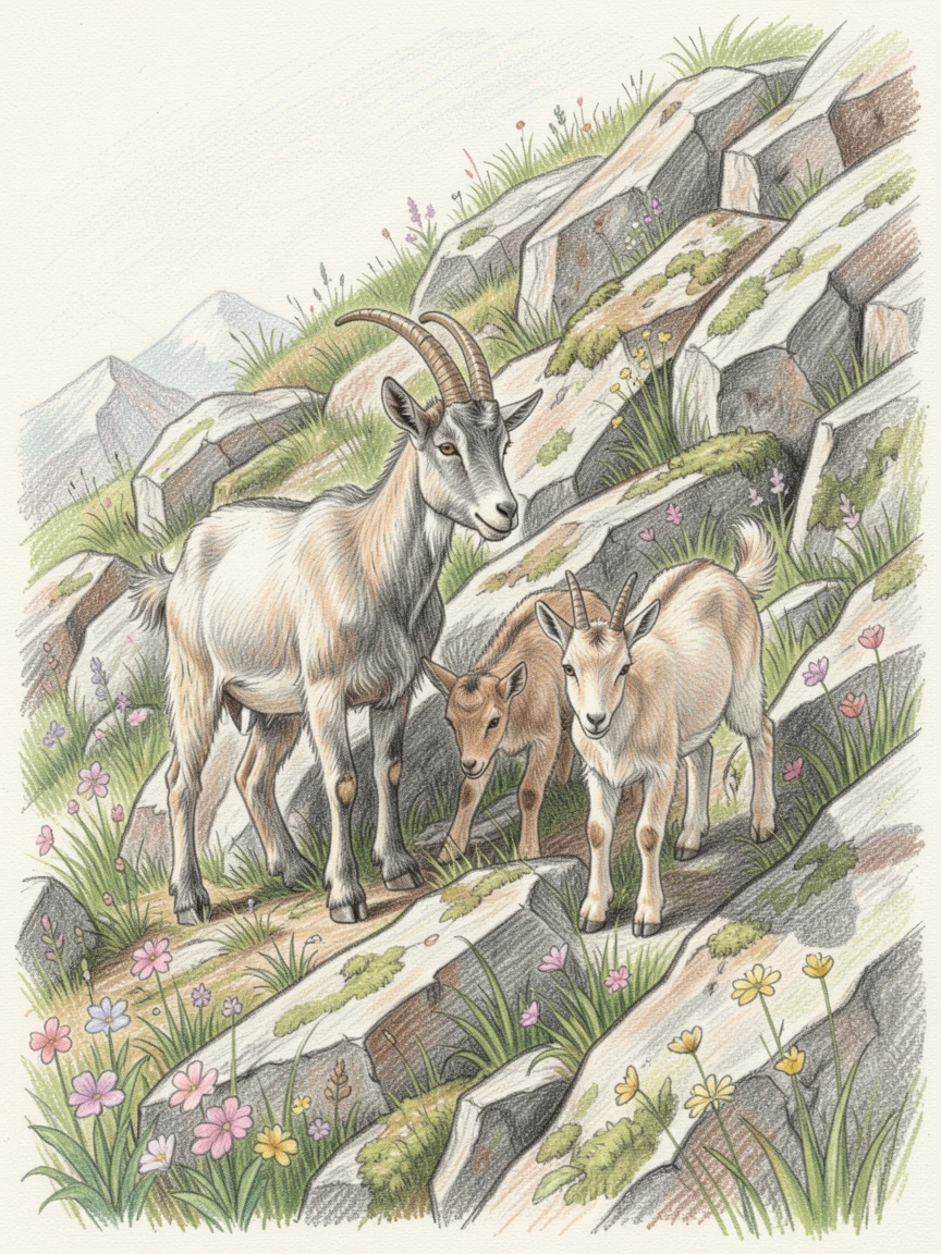A goat family exploring a rocky Alpine hillside, with rich, inviting textures throughout the scene, designed to feel inviting, memorable, and shareable.