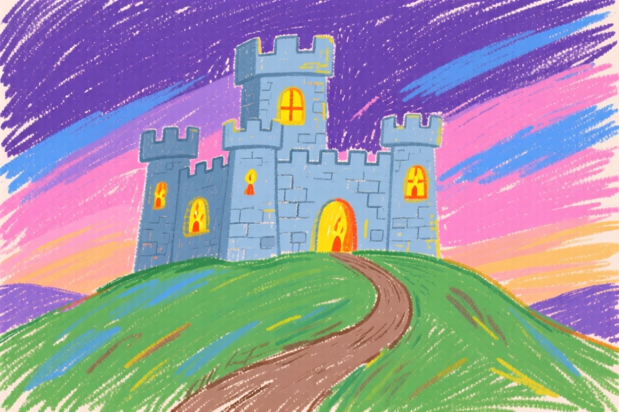 A hillside castle glowing warmly with lit windows at dusk.