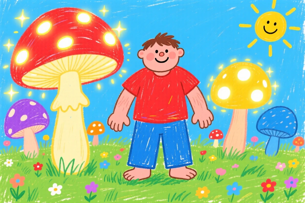 A kind giant with a gentle smile in a meadow of giant glowing mushrooms.