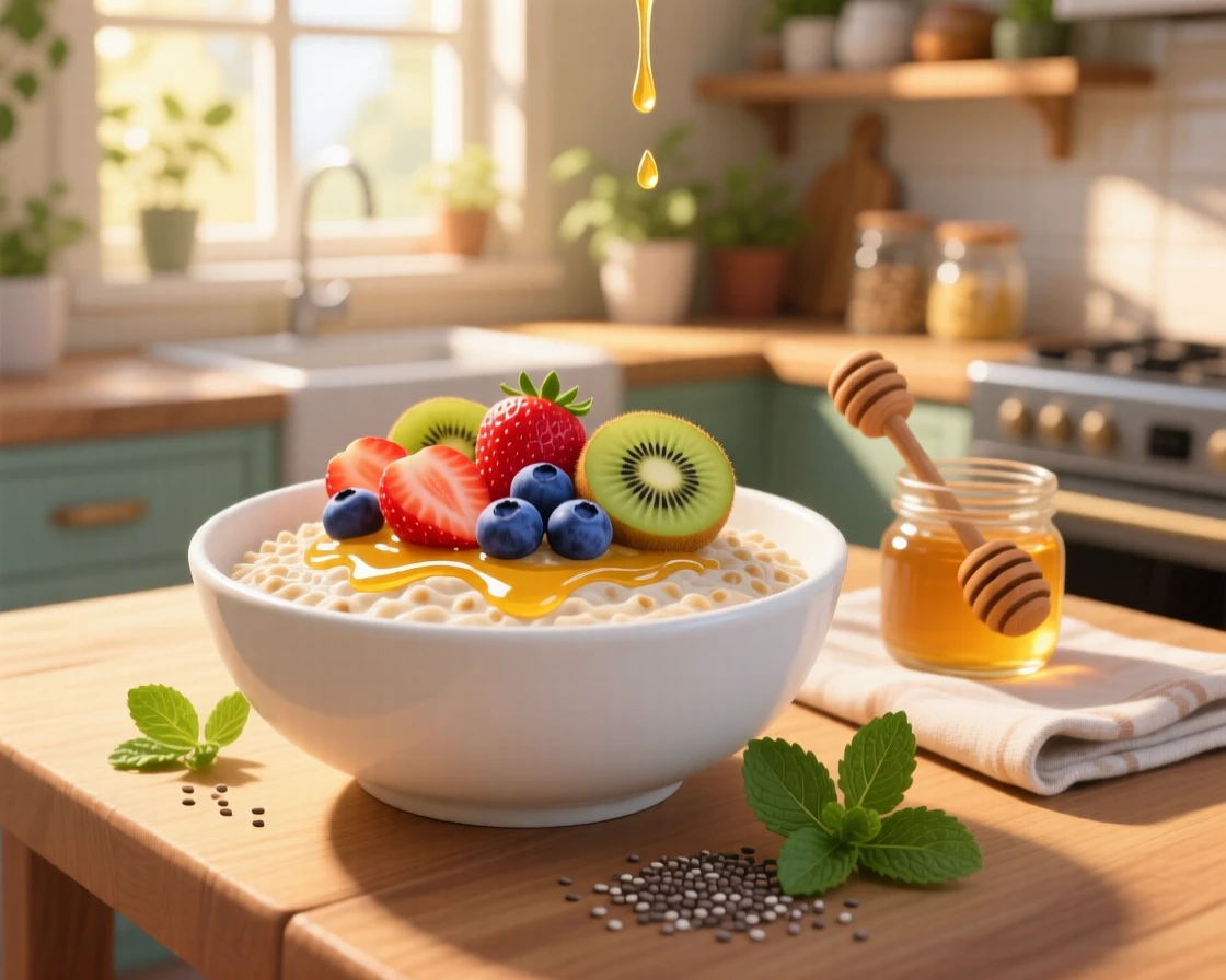 A bowl of overnight oats topped with fresh fruit and honey, set within a cozy sunlit kitchen, arranged with garnishes placed for visual balance, with a joyful, celebratory feel.