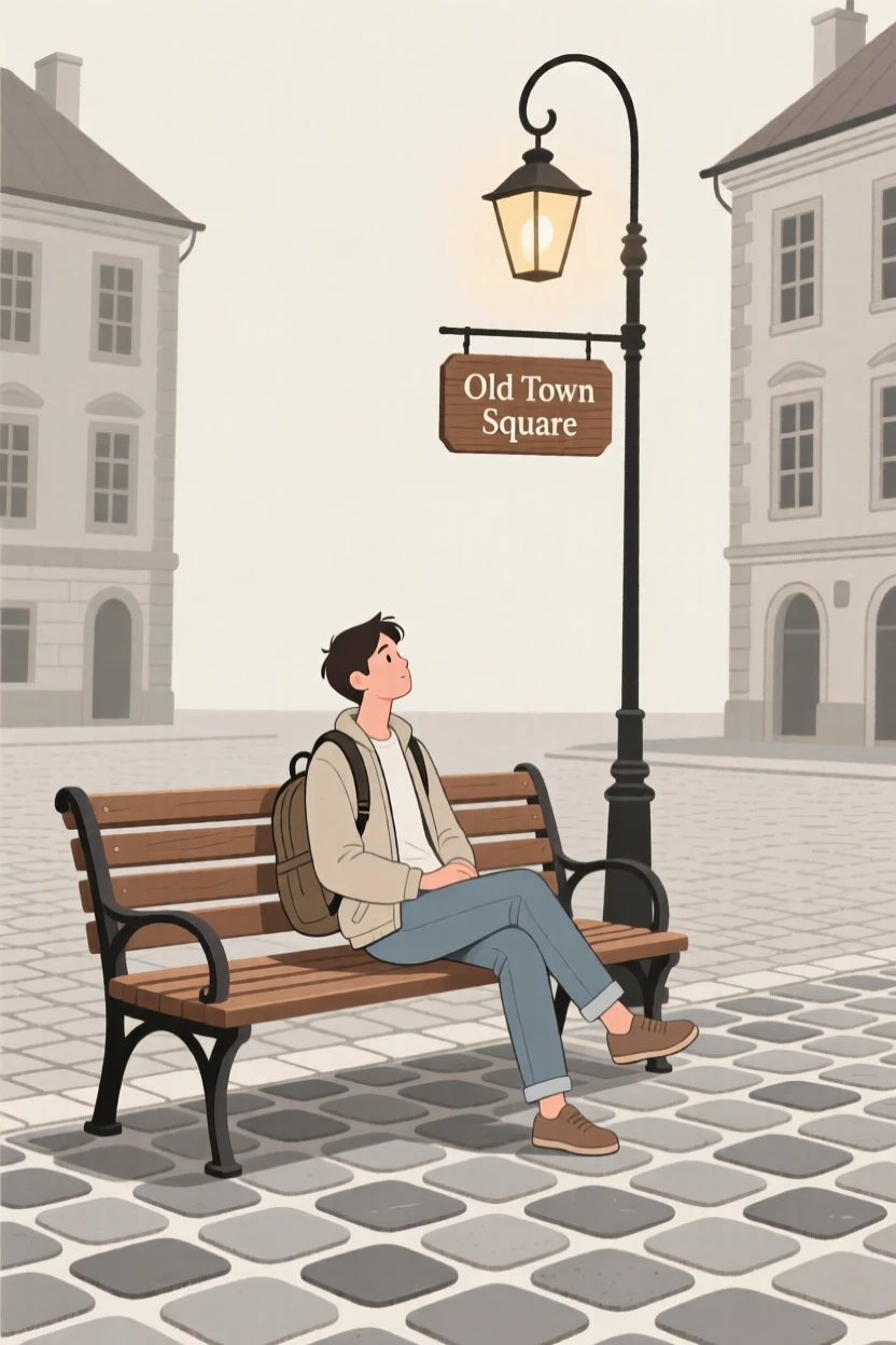 A traveler resting on a bench near an old cobblestone square.